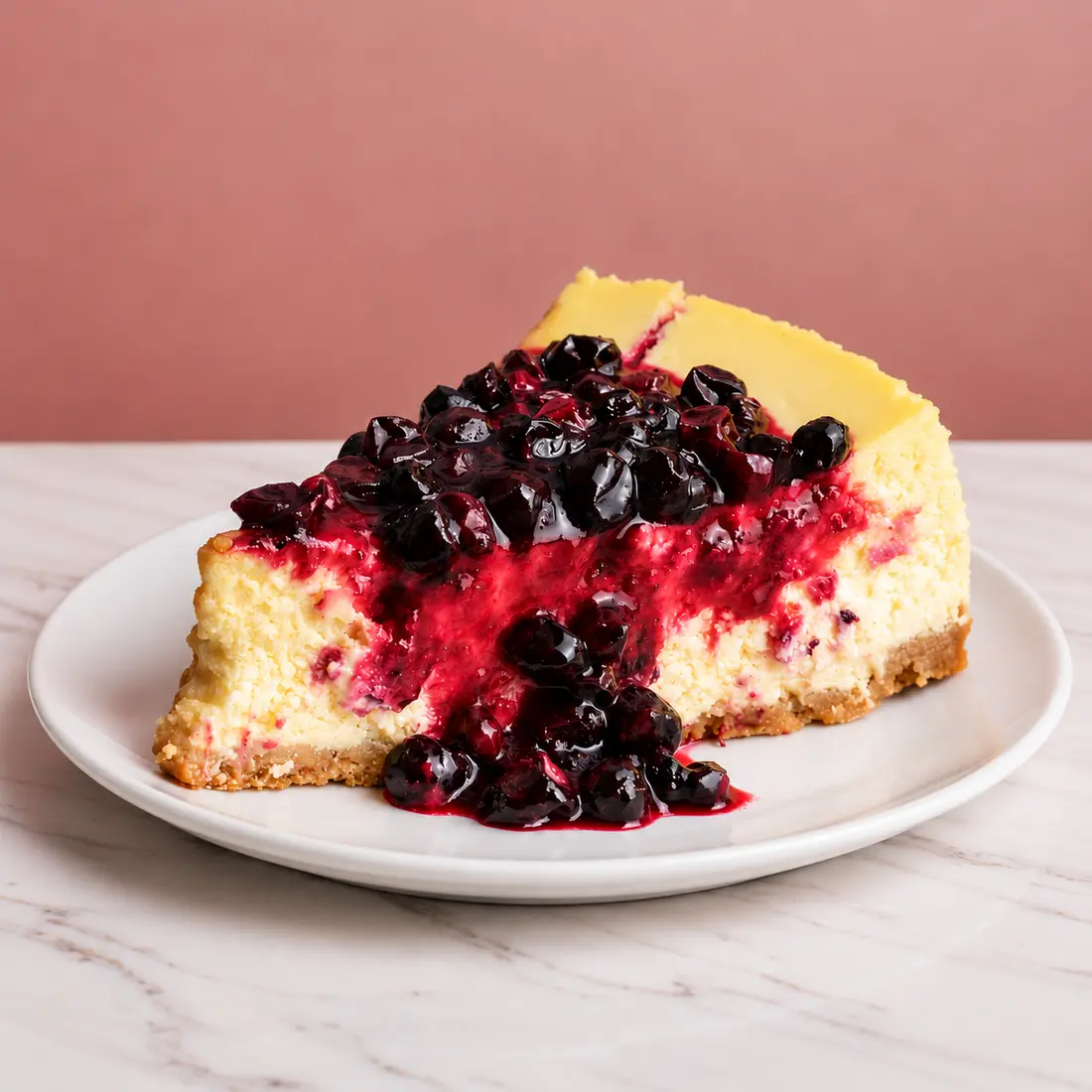Porción de cheesecake horneado con salsa de agraz morada sobre plato blanco