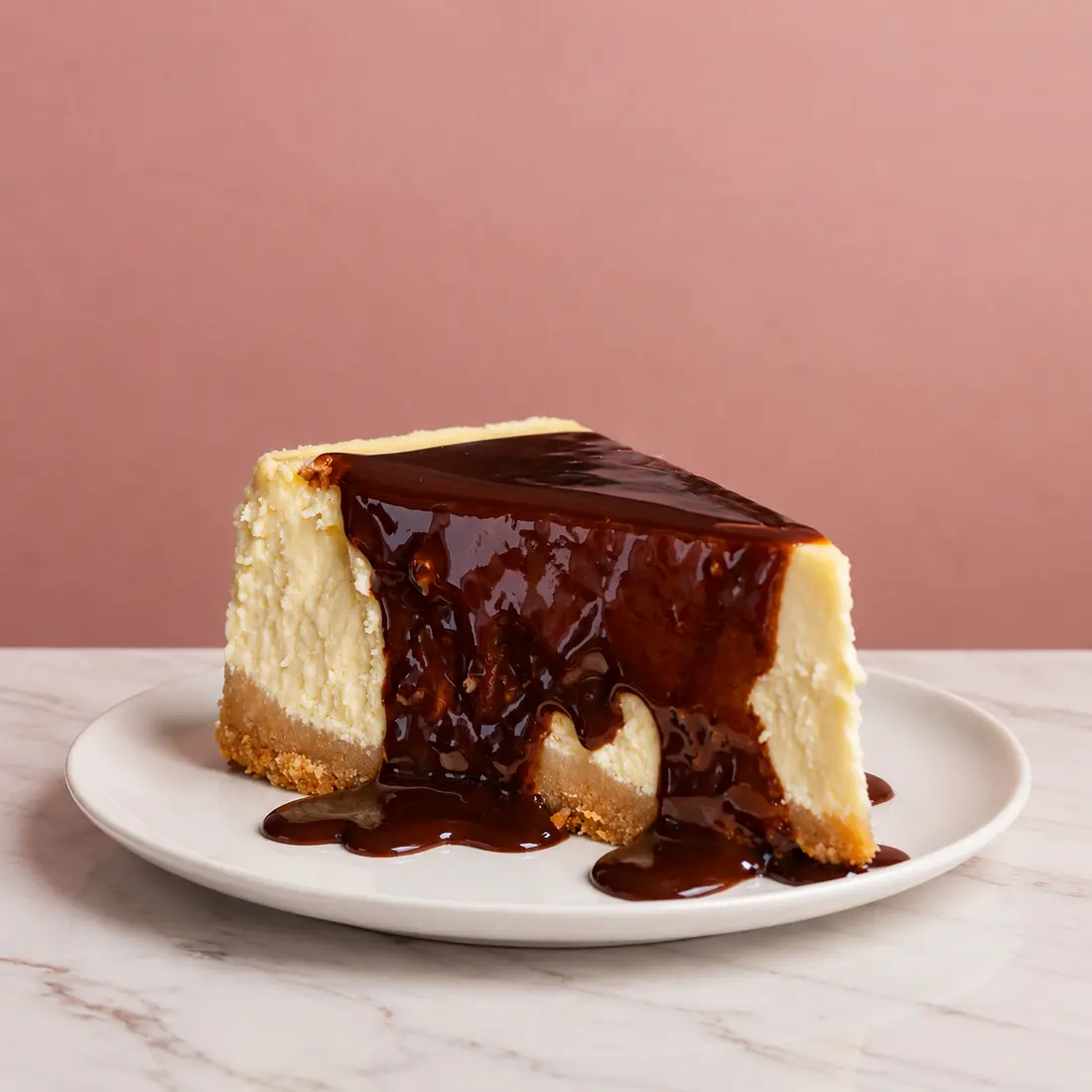 Cheesecake horneado con salsa de chocolate sobre base de galleta
