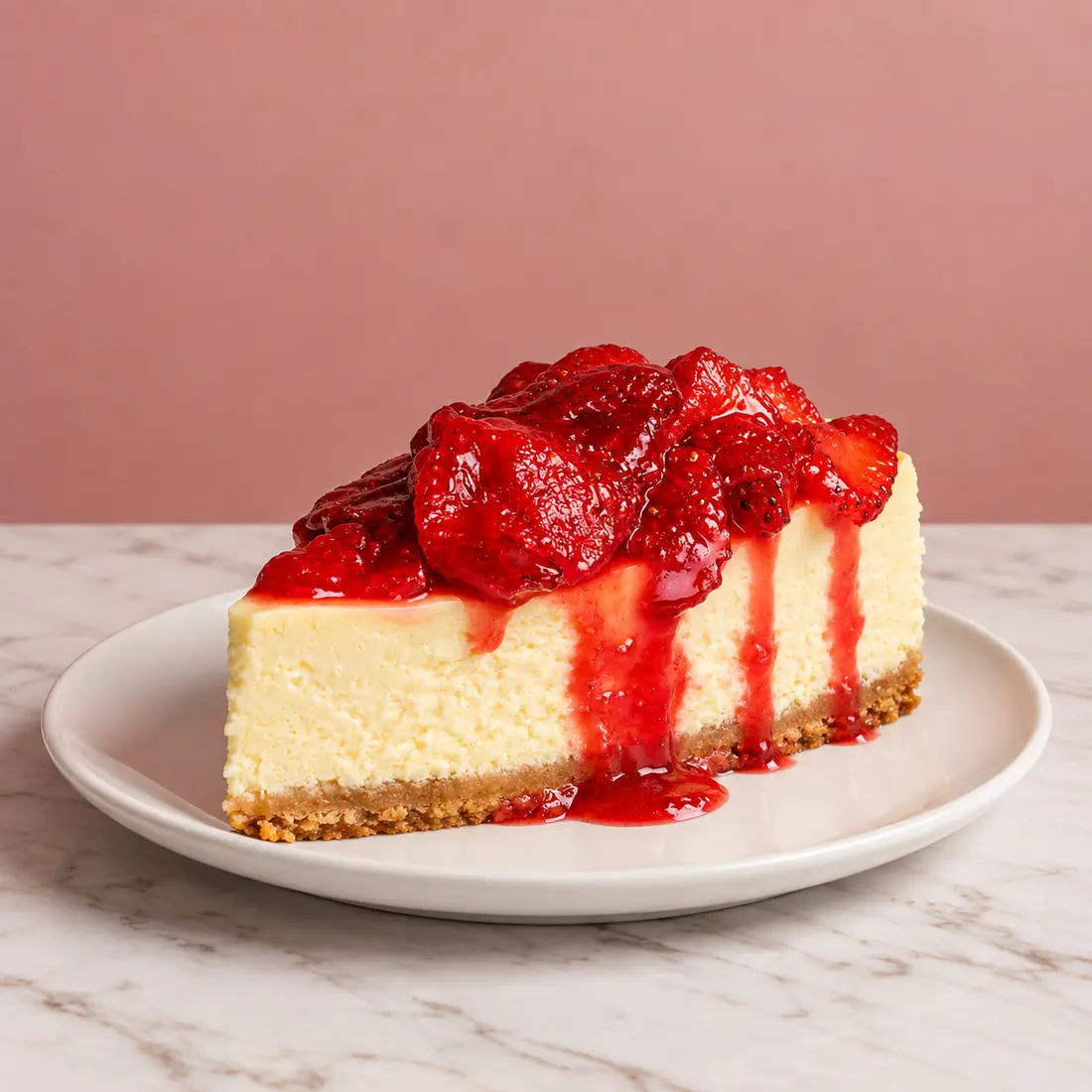 Cheesecake horneado con salsa y trozos de fresa